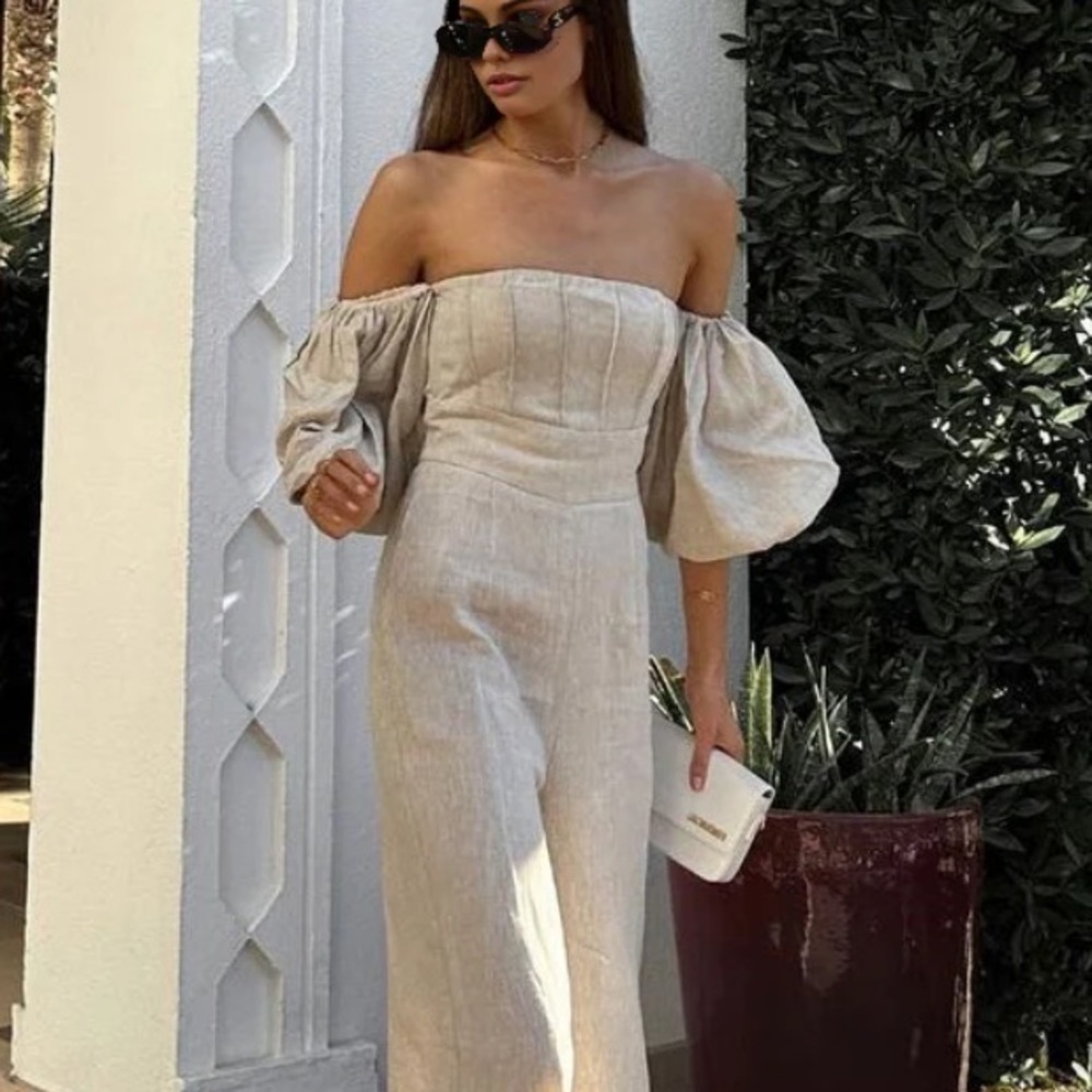 Commense NEW Linen Blend Puff Sleeve Cream Jumpsuit Size Medium